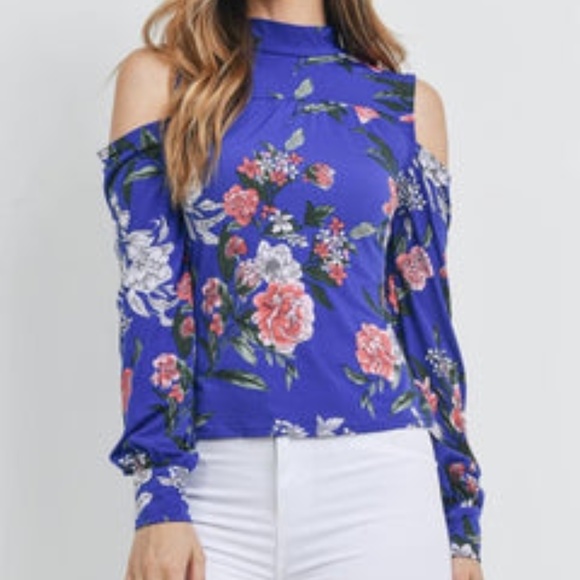 Tops - Beautiful Flower Blue Cold Shoulder Blouse